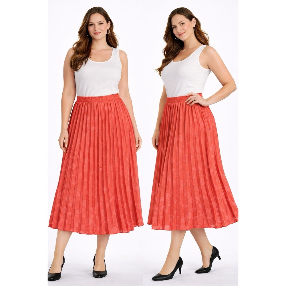 Max Studio Womens L Coral Accordion‎ Pleated Midi Skirt Elastic Waist